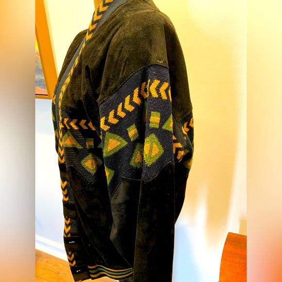 Mens J Walden southwestern style, black suede and partial thick woven sweater. - Picture 2 of 6